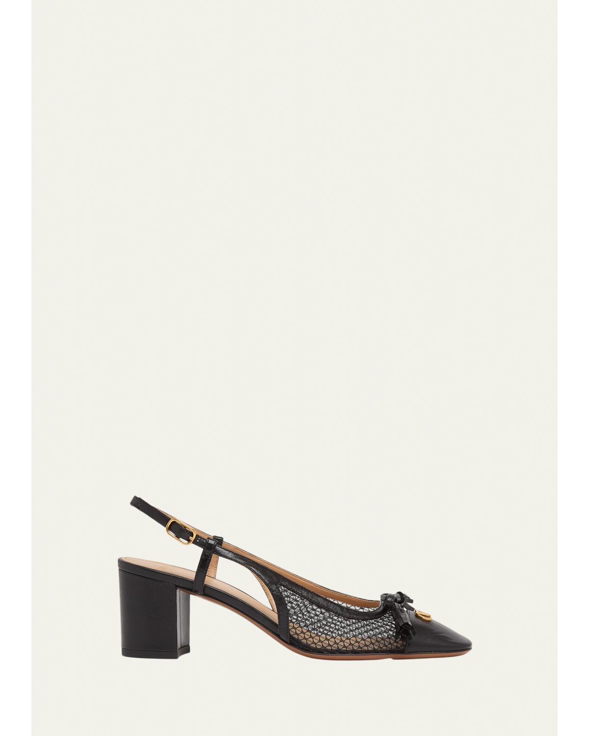 Valet Du Roi VLogo Leather and Mesh Slingback Pumps