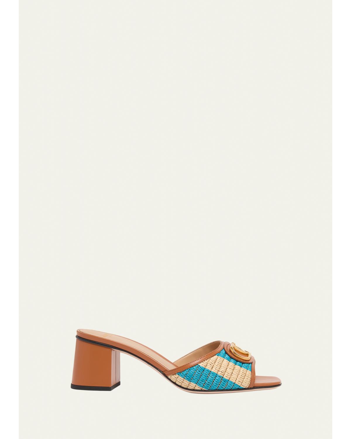 60mm VLogo Signature Striped Raffia and Leather Mule Sandals