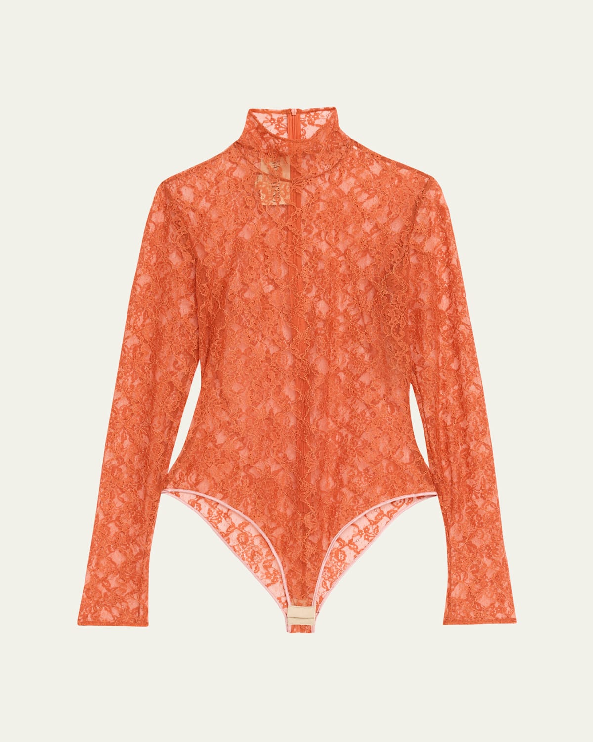 Valentino Sheer Lace Turtleneck Bodysuit In Orange