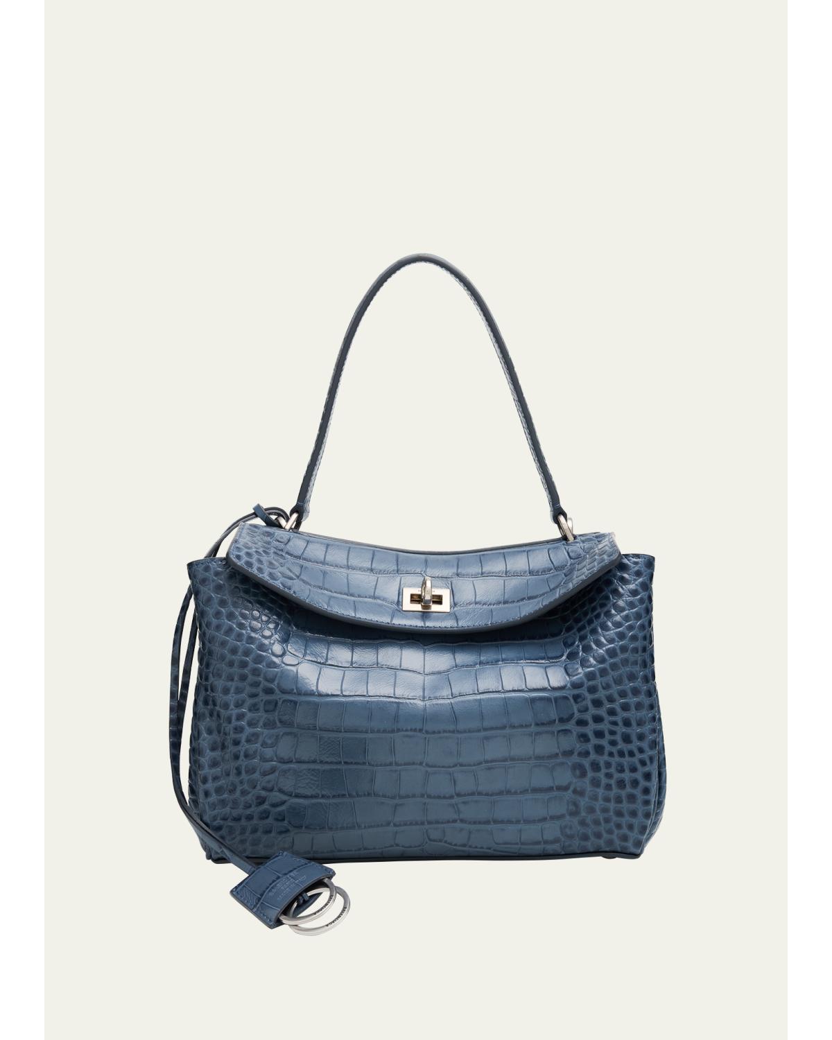 Rodeo Croc-Embossed Leather Blue Top Handle Bag