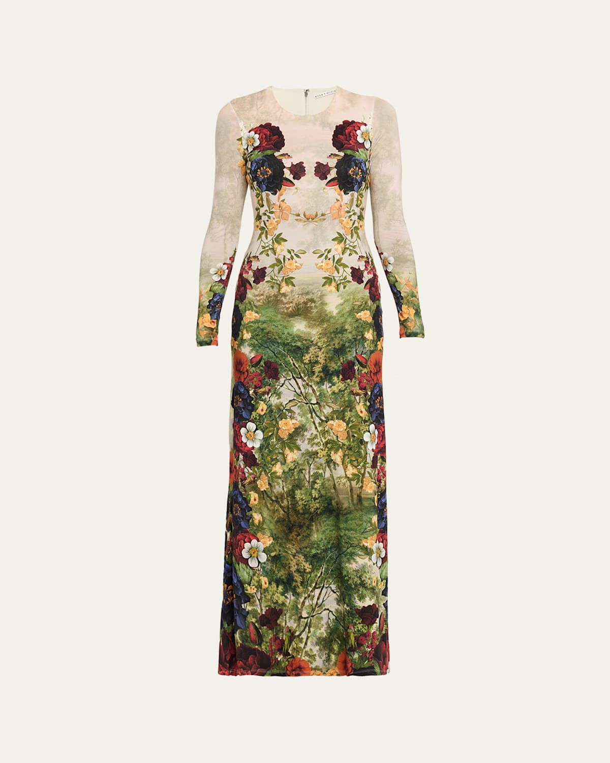 Alice And Olivia Delora Long Sleeve Crew Neck Maxi Dress Forbidden Forest In Multi