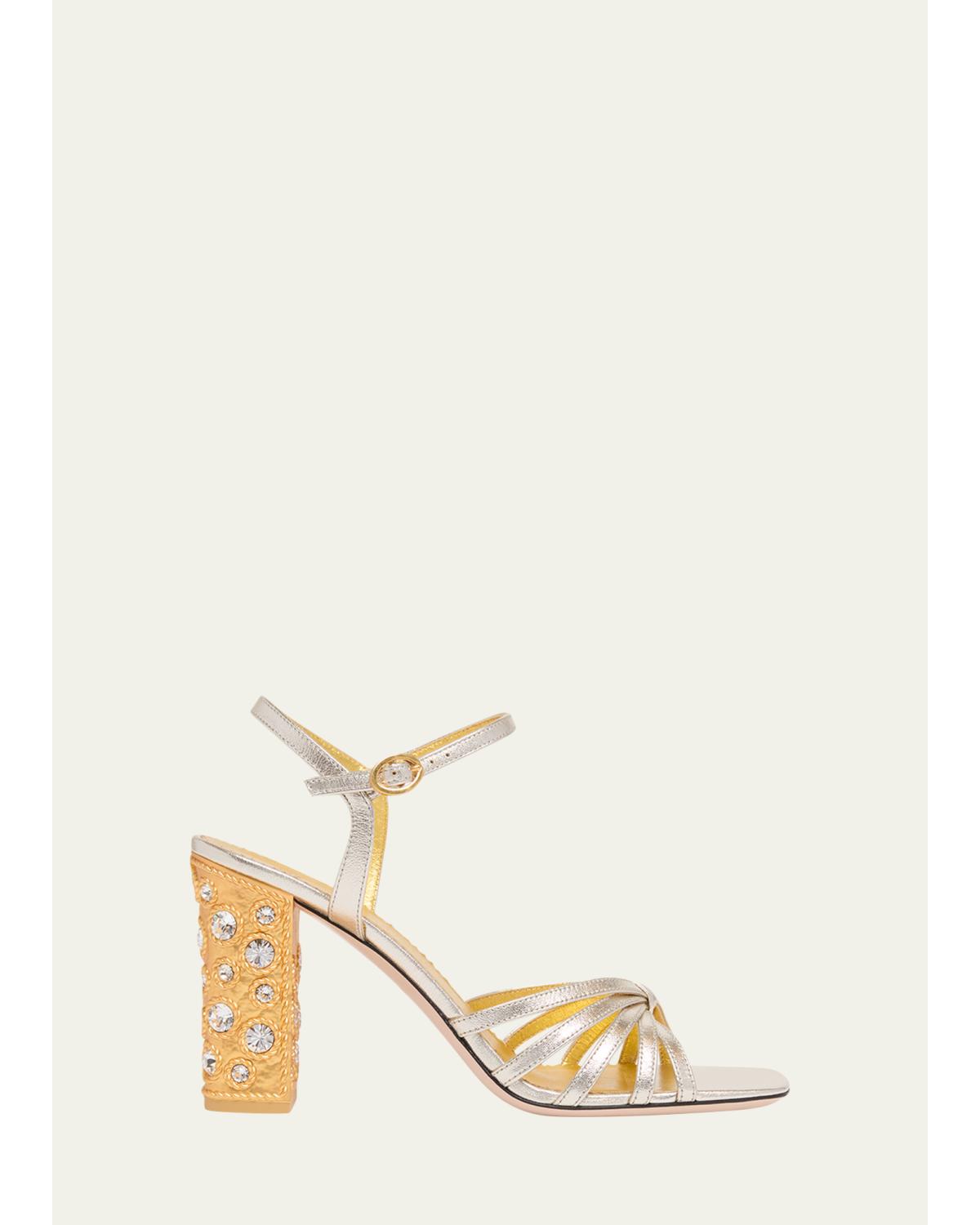 90mm Valenti Embellished-Heel Metallic Leather Sandals