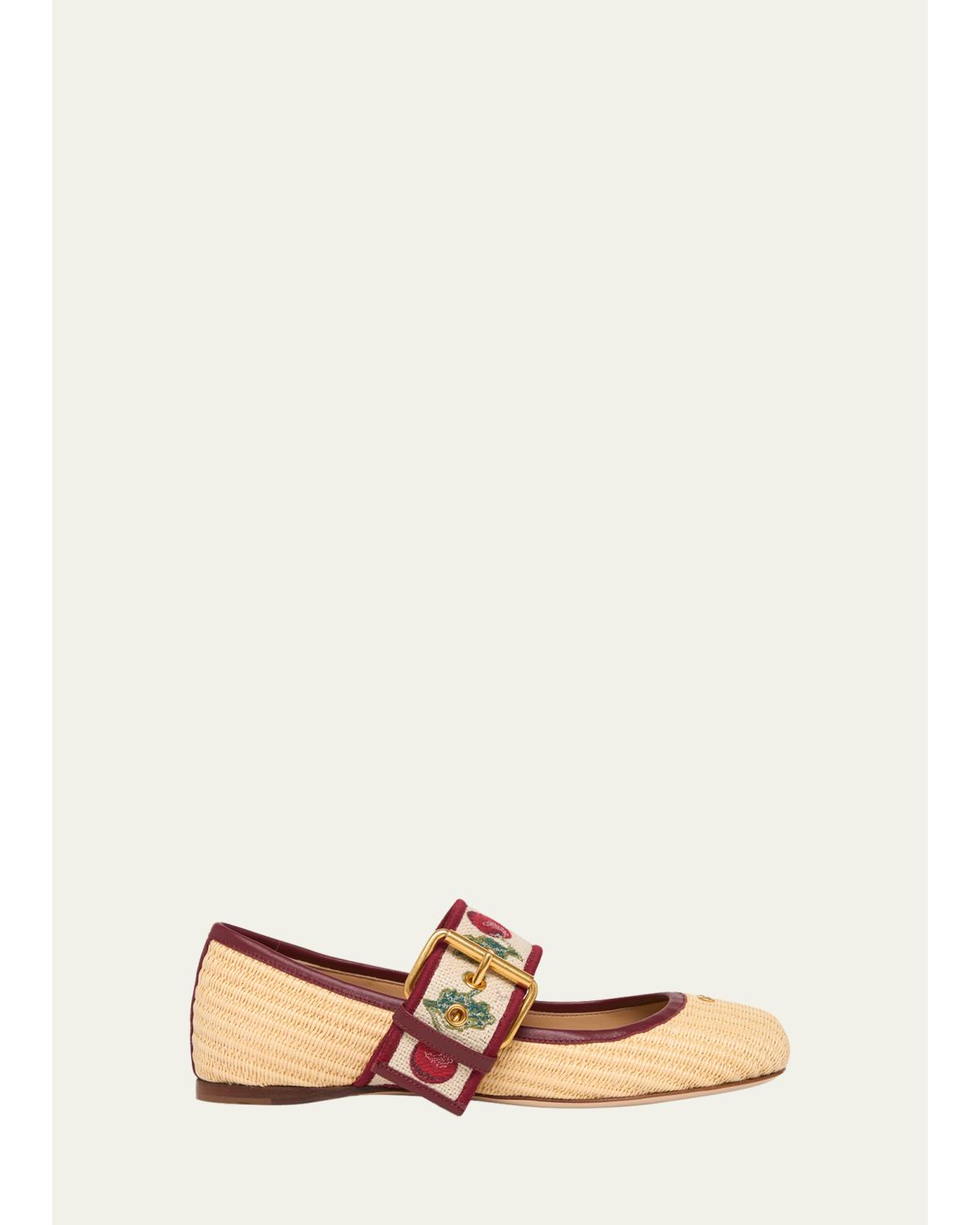 Tomato Embroidered Raffia Mary Jane Ballerina Flats