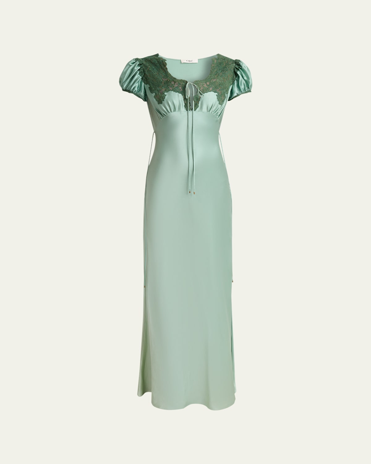 Chloé Lace-trimmed Silk Satin Puff-sleeve Dress In Green