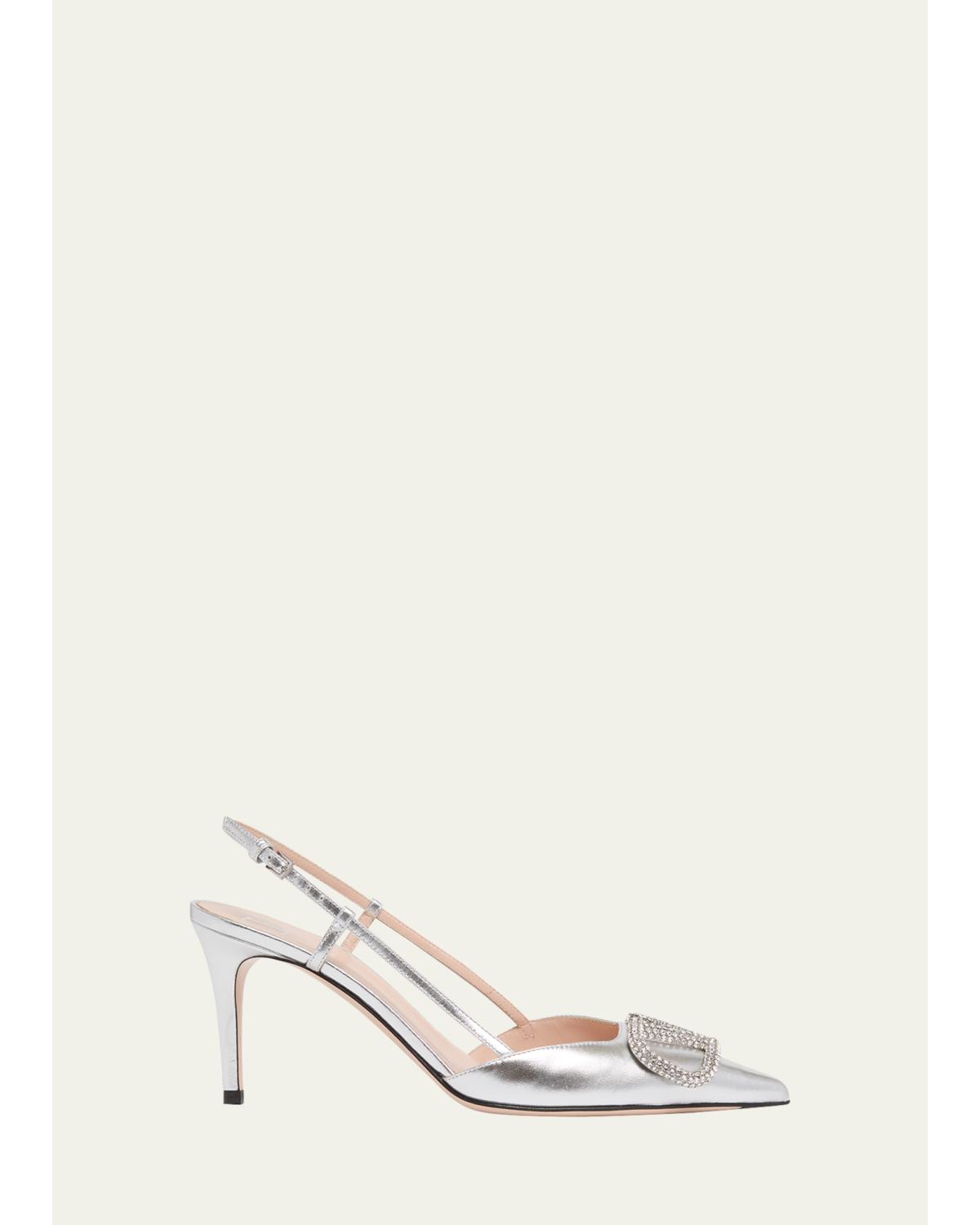 80mm VLogo Signature Strass Metallic Leather Slingback Pumps