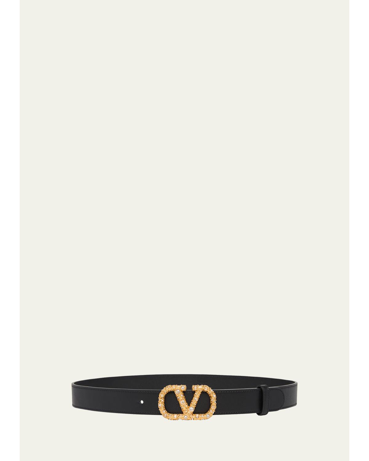 VLogo Signature Crystal-Embellished Leather Belt, 30mm