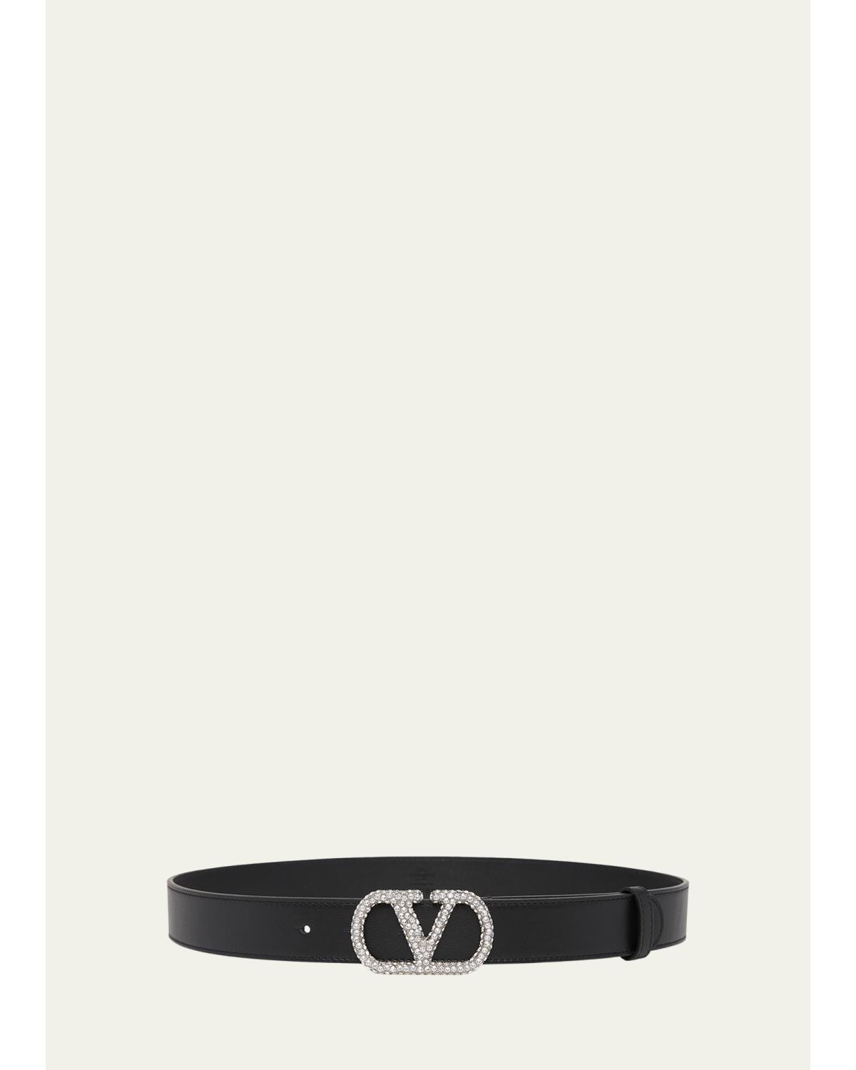 VLogo Signature Crystal-Embellished Leather Belt, 30mm