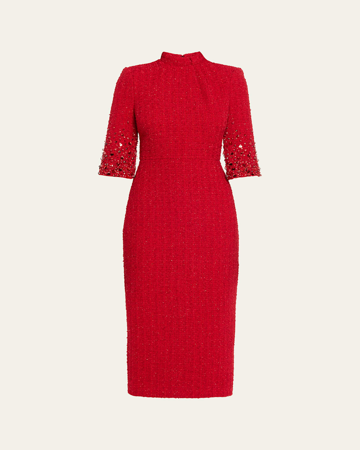 Badgley Mischka Mock-neck Beaded Shimmer Tweed Midi Dress In Red