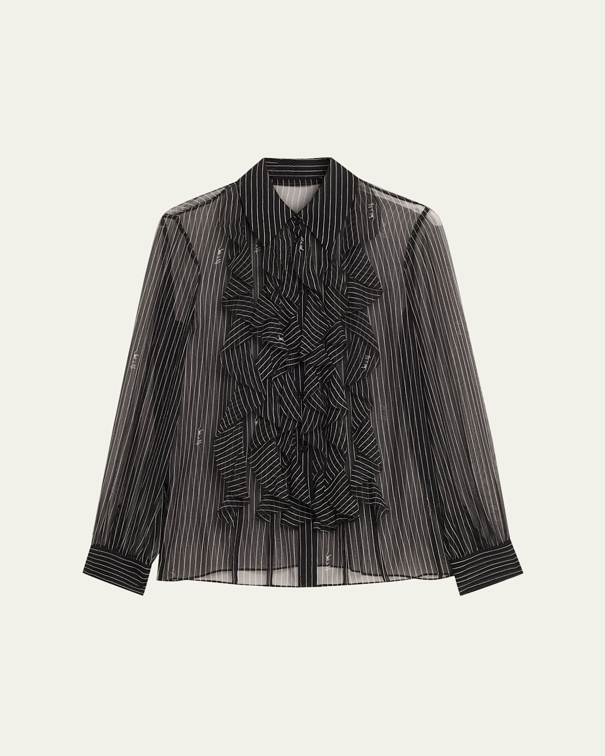 Diane Von Furstenberg Eva Sheer Pinstripe Script Ruffle Blouse In Black