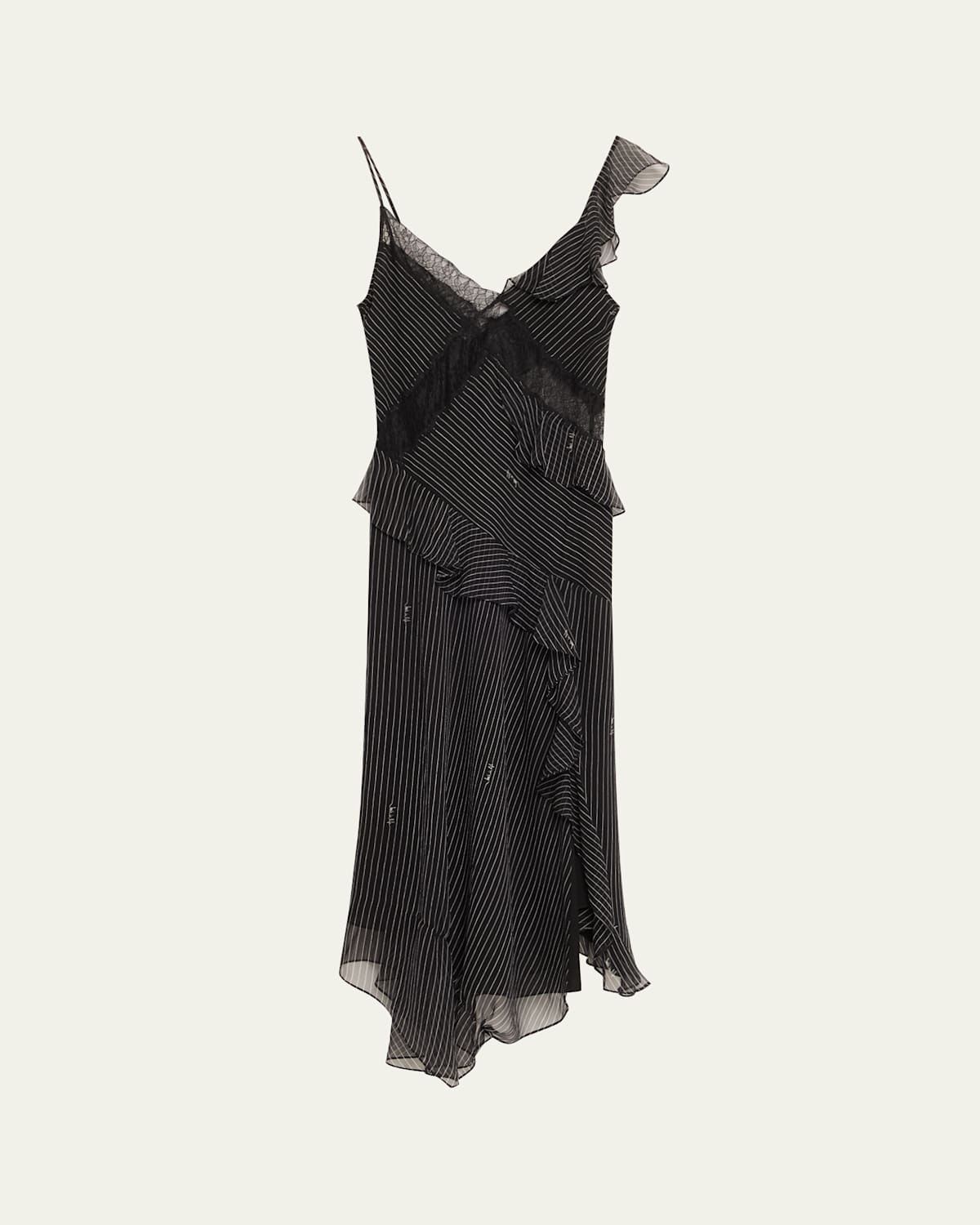 Diane Von Furstenberg Sloane Pinstripe Script Ruffle Silk Midi Dress In Black