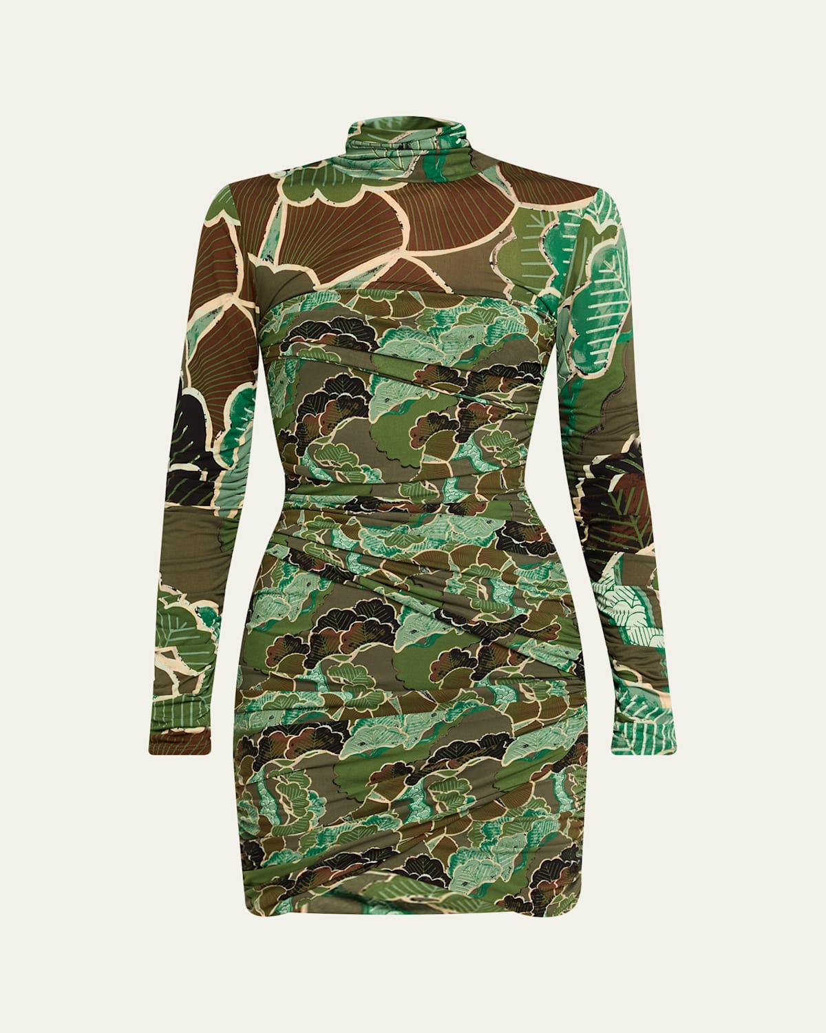 Diane Von Furstenberg Clarabella Ruched Leaf-print Bodycon Mini Dress In Green
