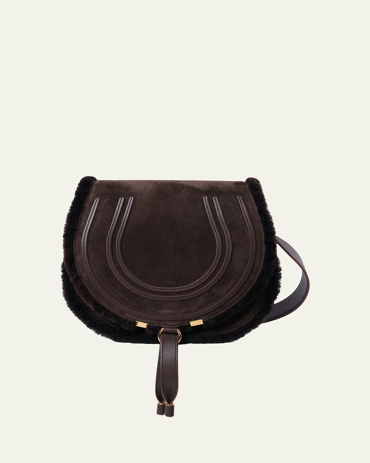 Chloe Marcie Saddle Crossbody Bag in Shearling-Trim Suede