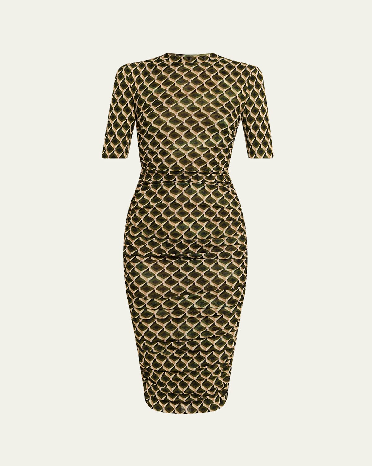 Diane Von Furstenberg Lena Ruched Geometric-print Midi Sheath Dress In Green