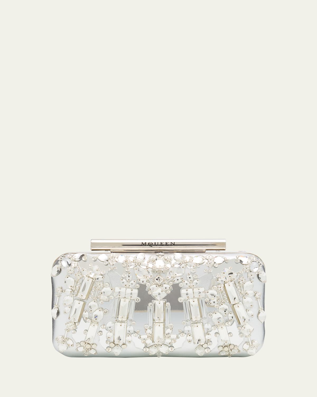 Alexander Mcqueen T-bar Metallic Leather Crystal-embroidered Clutch In Silver