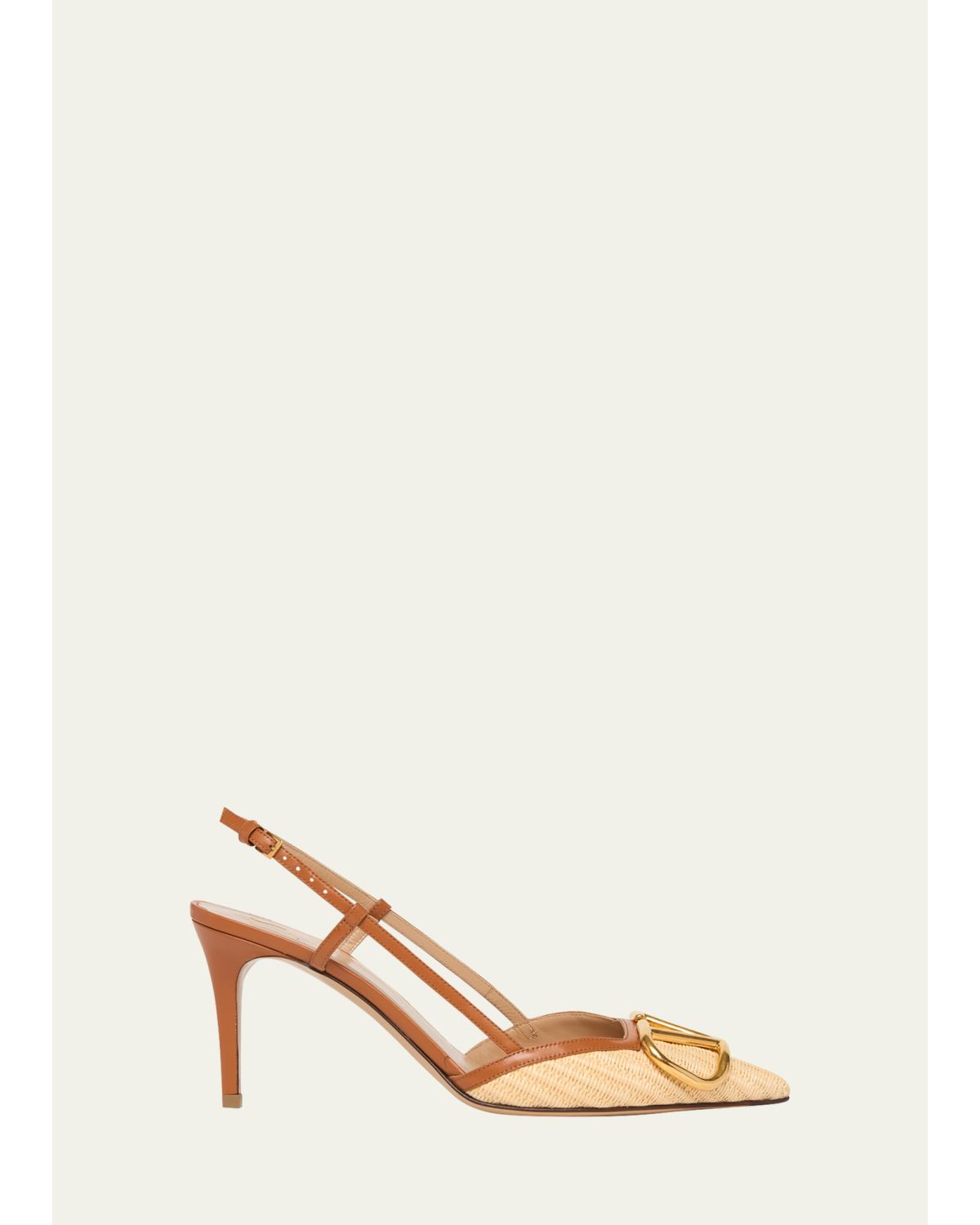 80Mm Vlogo Signature Leather And Raffia Slingback
