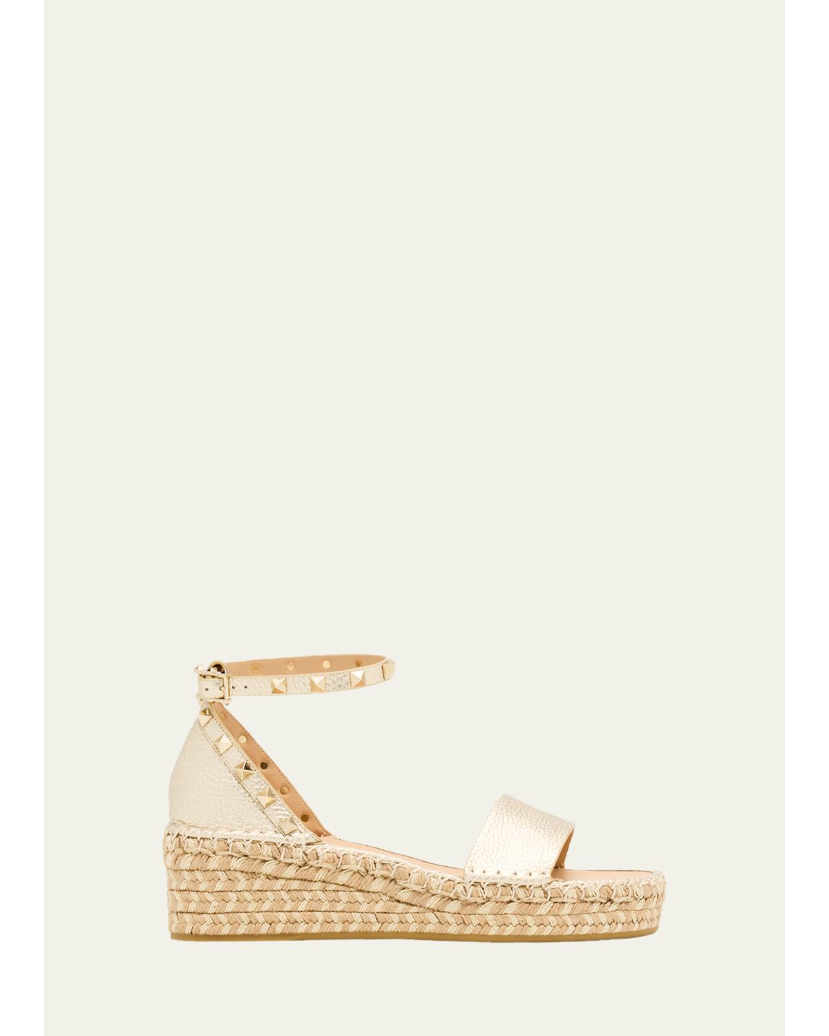 55mm Rockstud Metallic Leather Wedge Espadrille Sandals