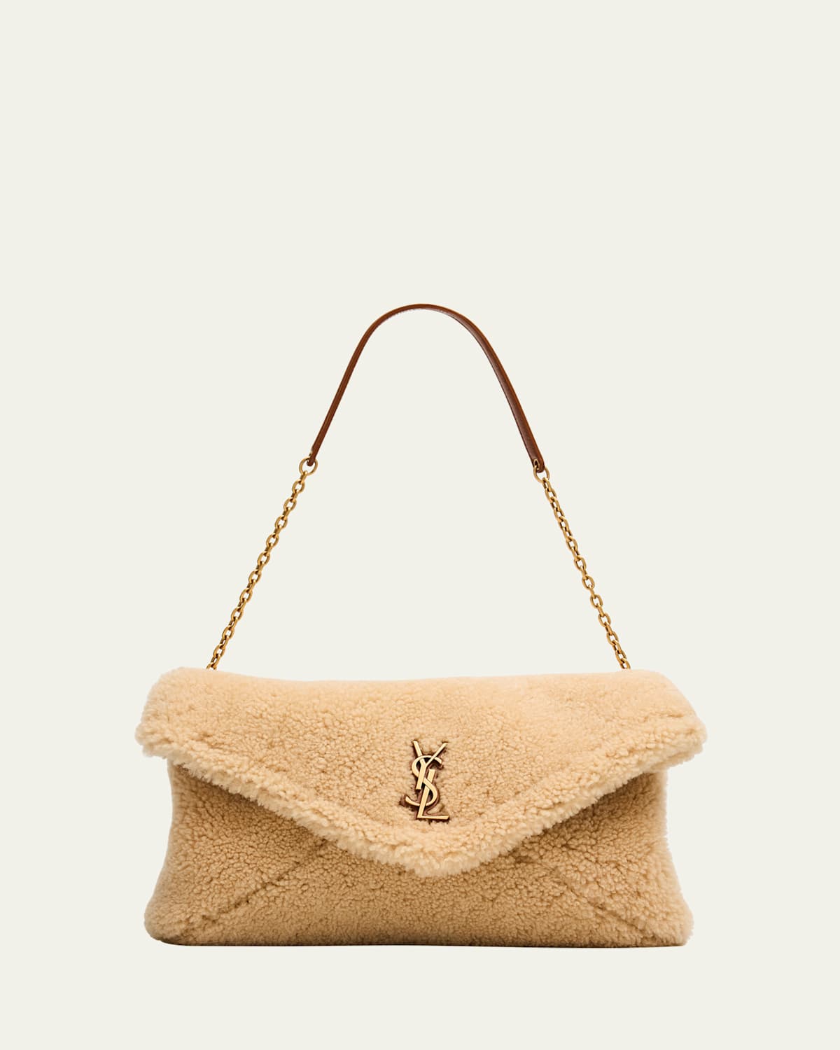Saint Laurent Ysl Envelope Flap Shoulder Bag In Shearling In Neutral