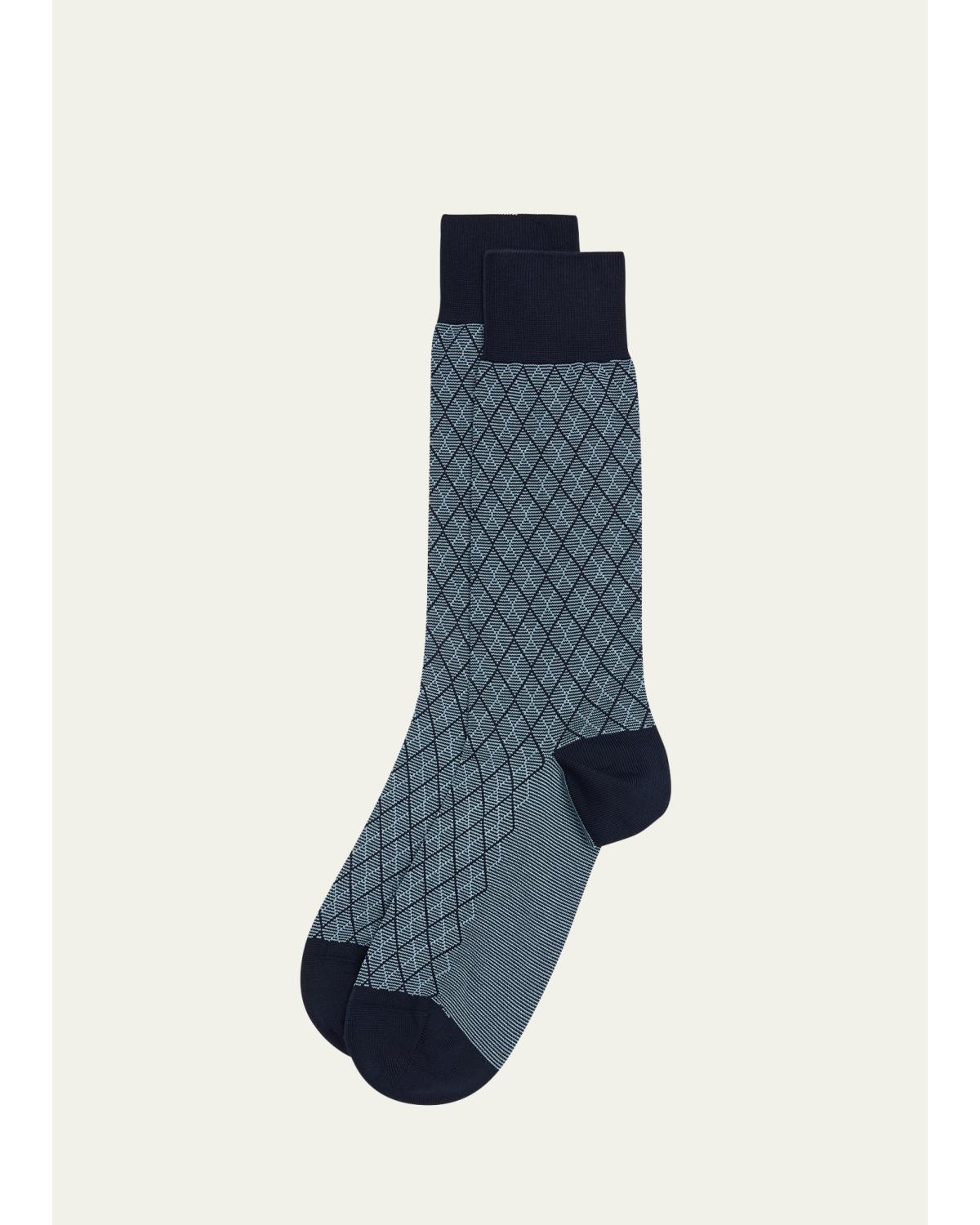 Pantherella Men's Kingsley Diamond Check Jacquard Calf-length Socks In Blue