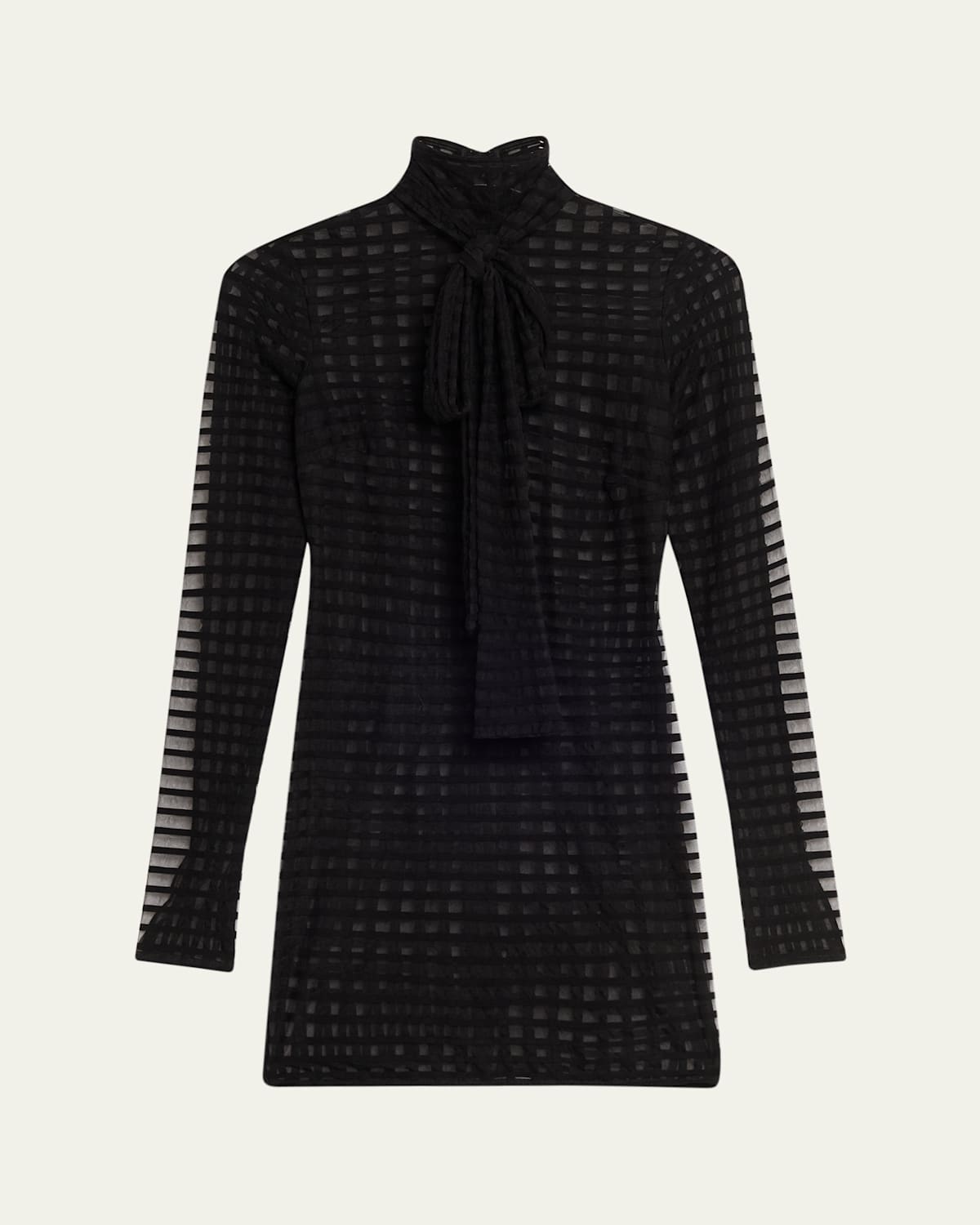Laquan Smith Bow-neck Sheer Windowpane Long-sleeve Mini Dress In Black