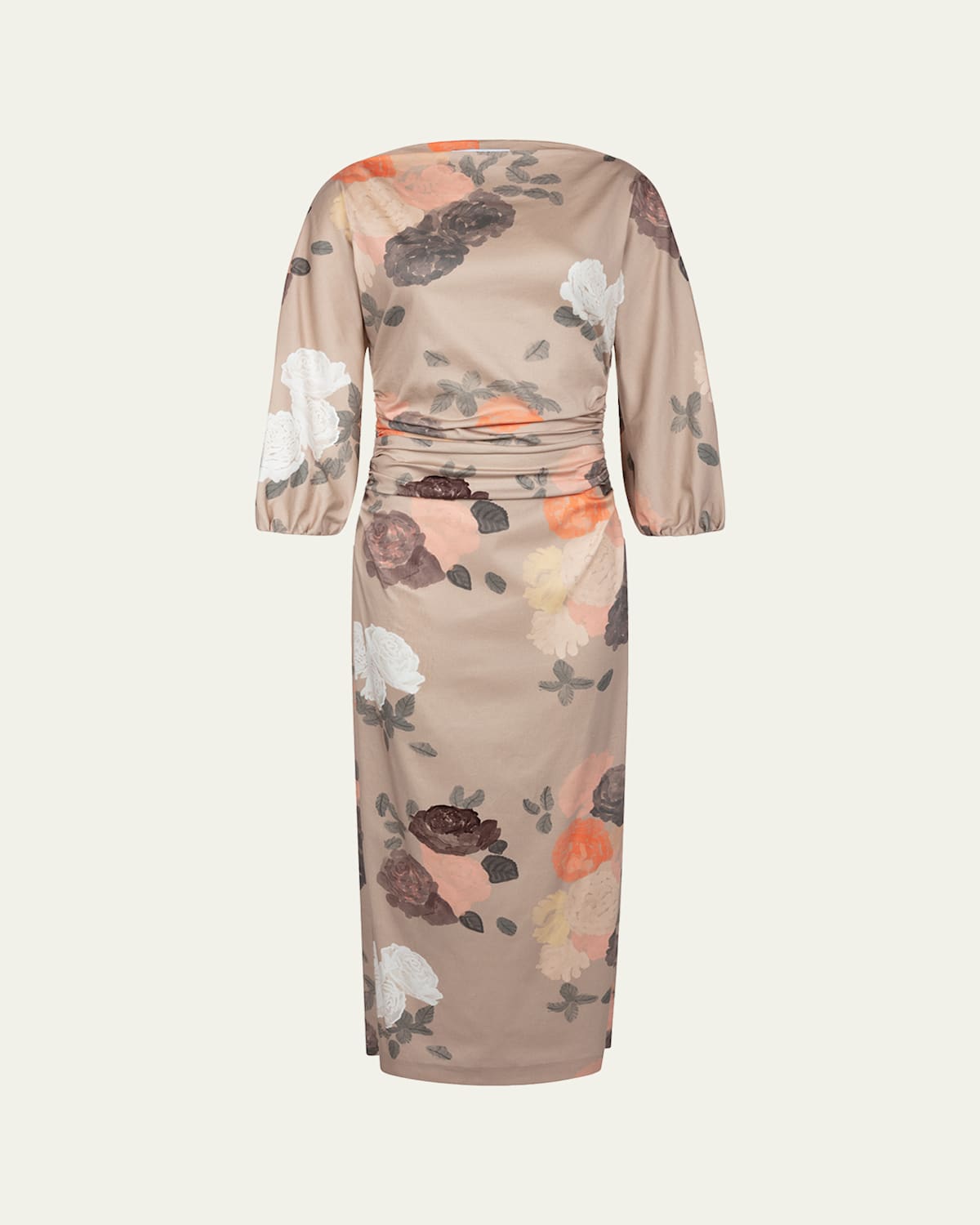 Bernadette Ezra Floral-print Ruched 3/4-sleeve Maxi Dress In Brown