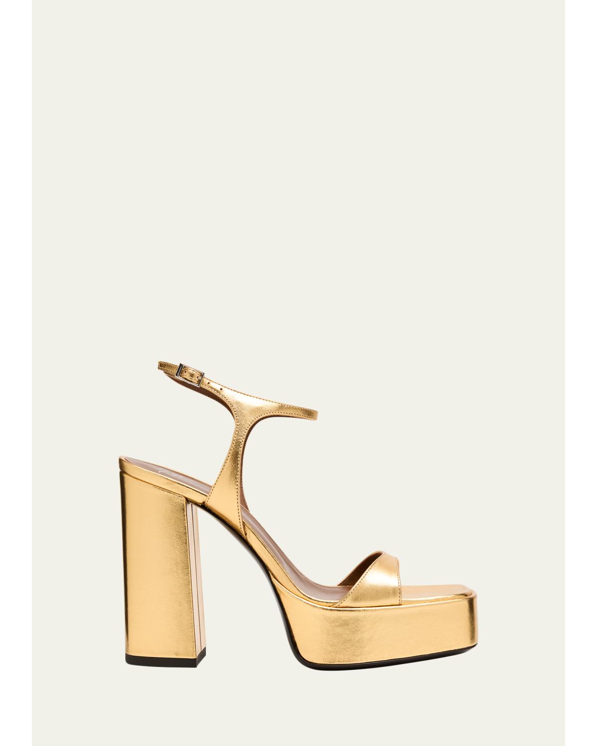 Metallic Leather Block-Heel Platform Sandals