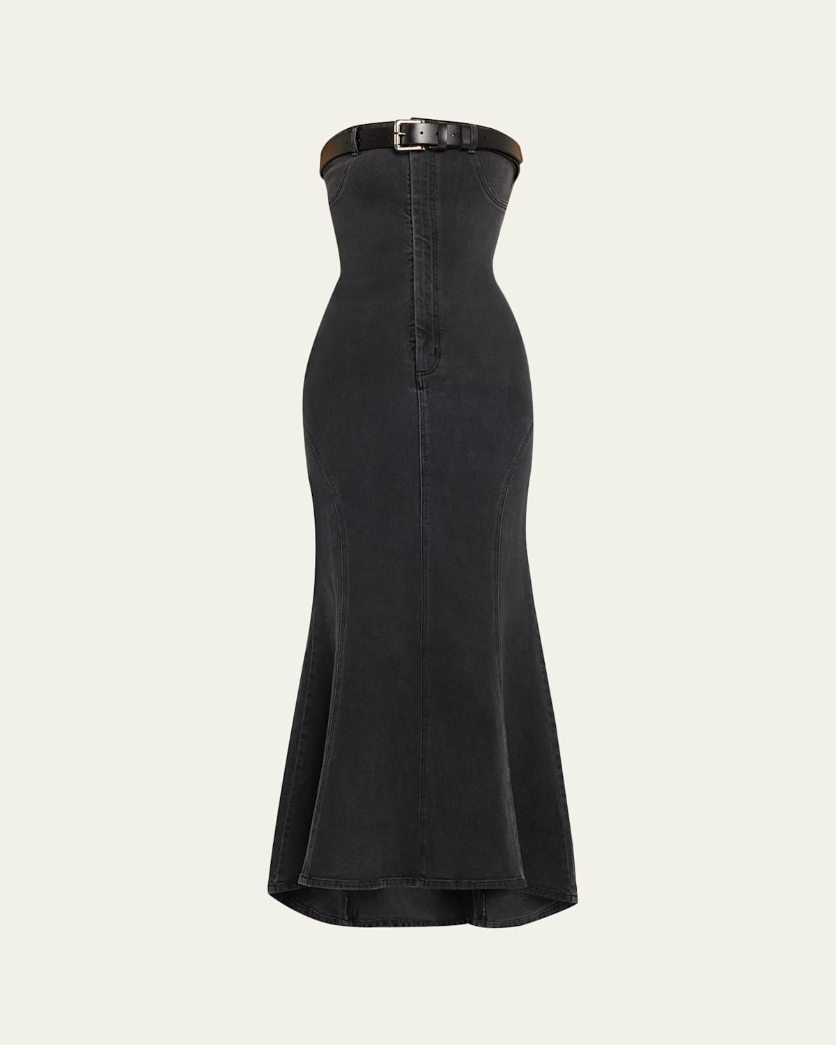 Courtney Zheng Strapless Denim Mermaid Dress With Belt In Black