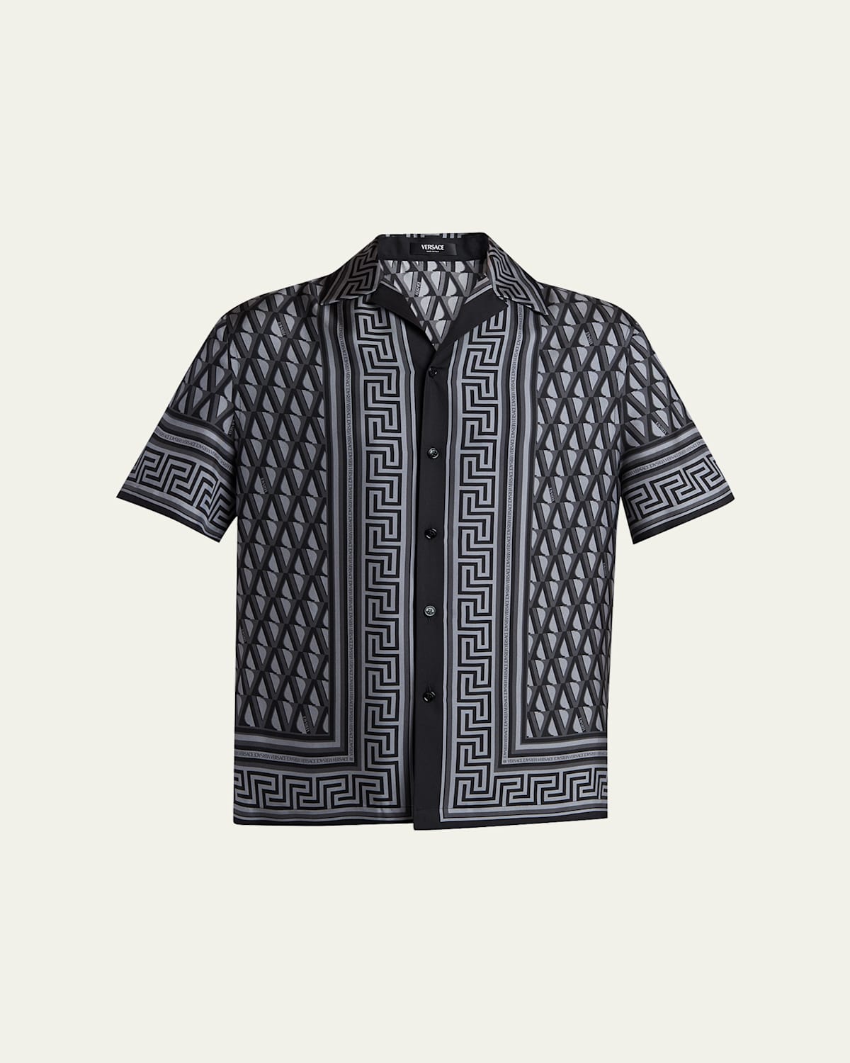 VERSACE MEN'S SILK MONOGRAM GRECA-TRIM BOWLING SHIRT