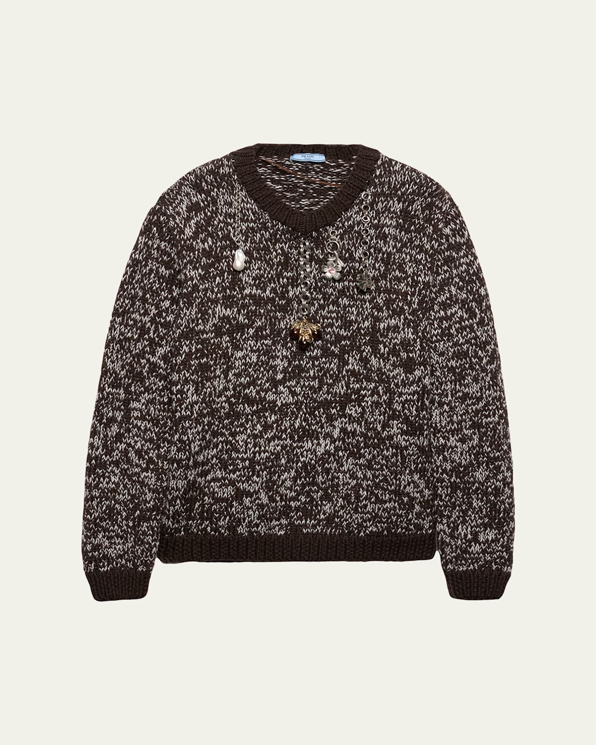 Prada Melange Wool Crewneck Sweater With Pendants In Brown