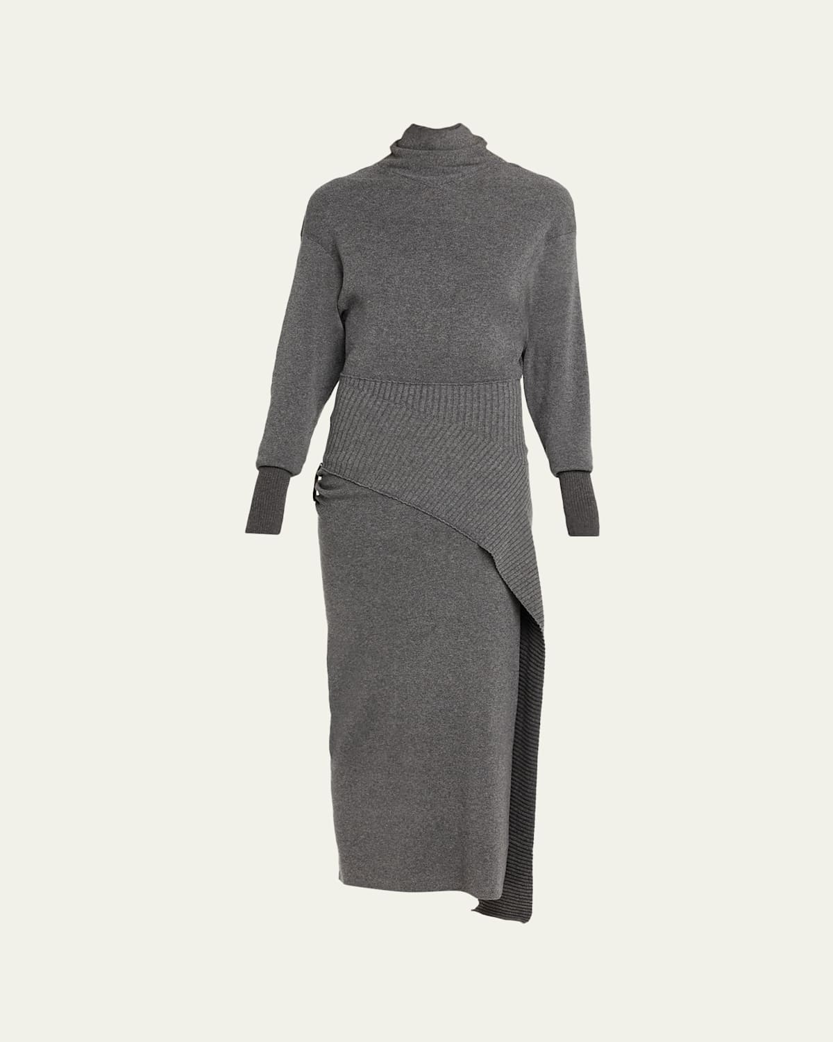 Lanvin Side Drape Long-sleeve Wool-cashmere Midi Sweater Dress In Gray