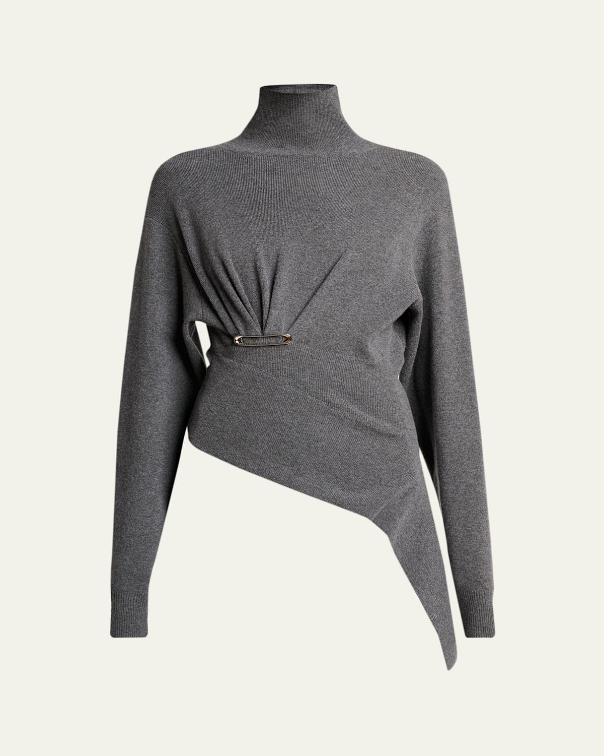Lanvin Asymmetric Safety-pin Gathered Cashmere Turtleneck Sweater In Gray