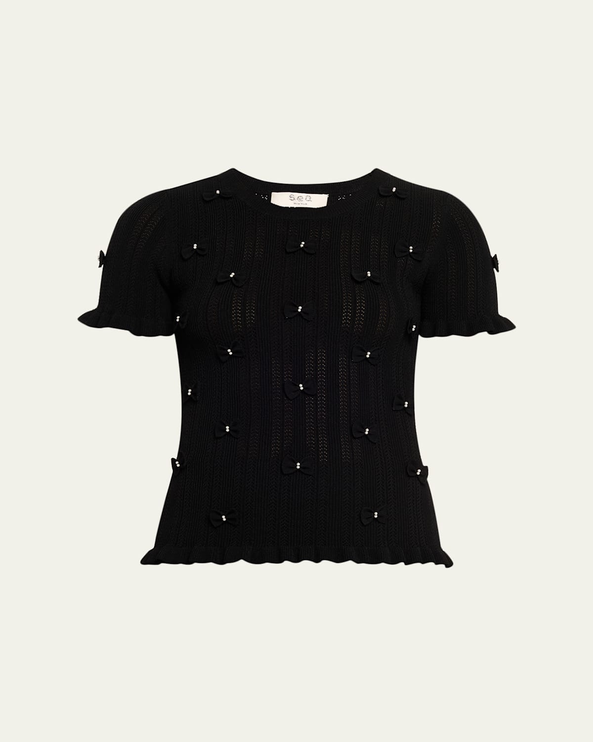 Sea Alberta Embellished Pointelle-knit Top In Black