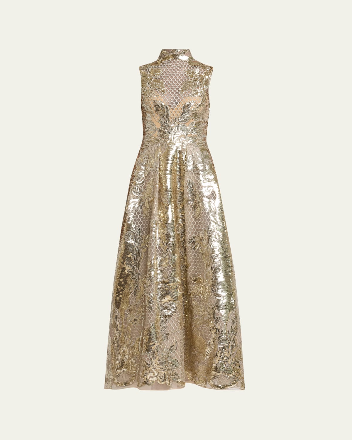 Elie Saab Mock-neck Sequined Tulle Sleeveless Midi Dress In Gold