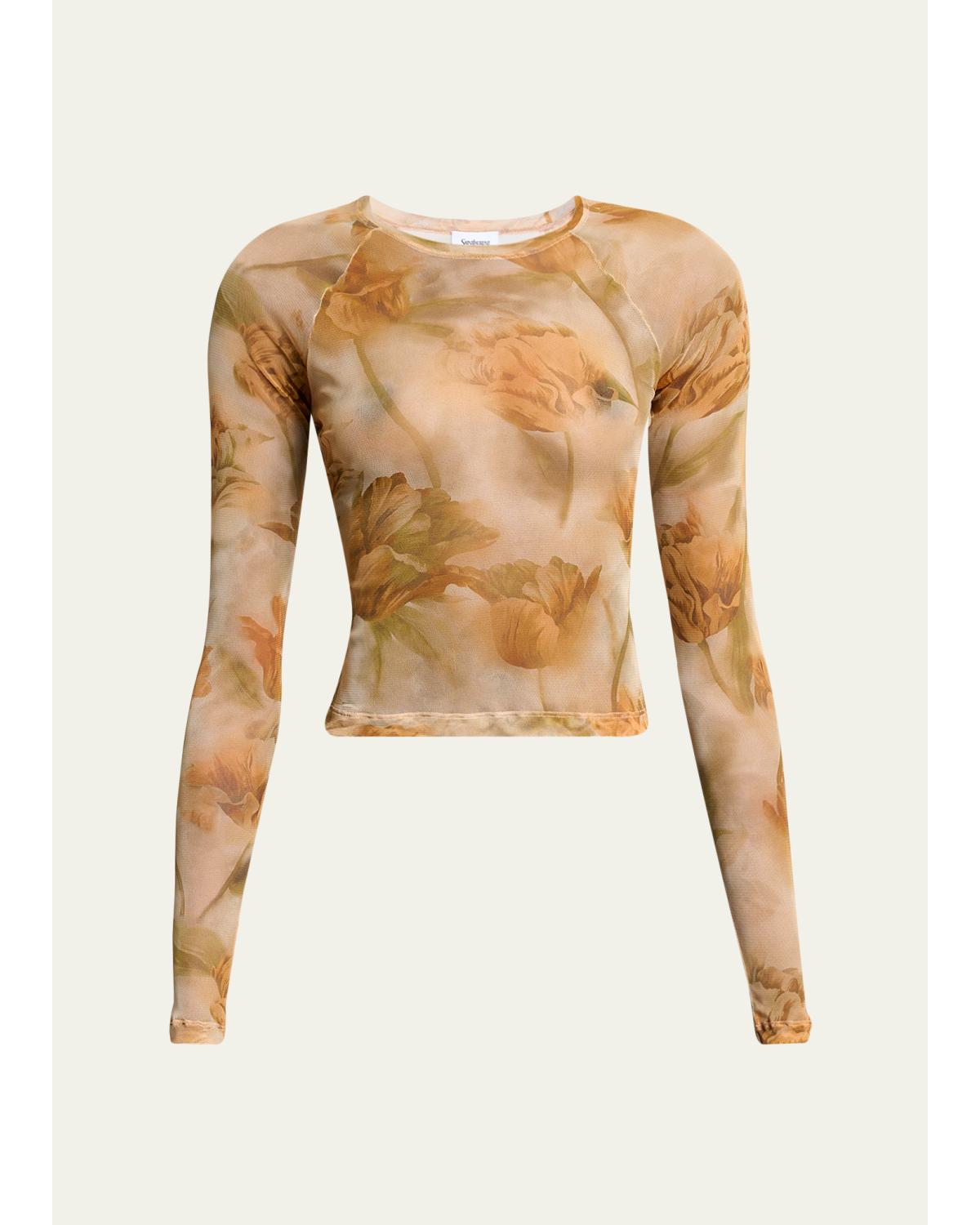 Floral-Print Mesh Long-Sleeve Top
