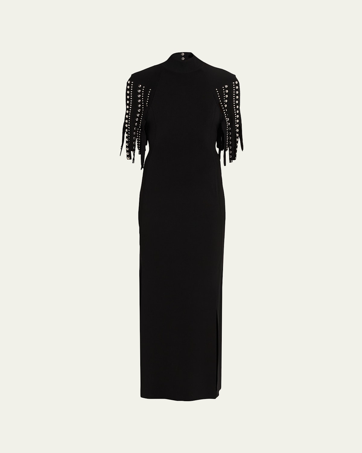 Lanvin Mock-neck Studded Fringe Capelet Maxi Dress In Black