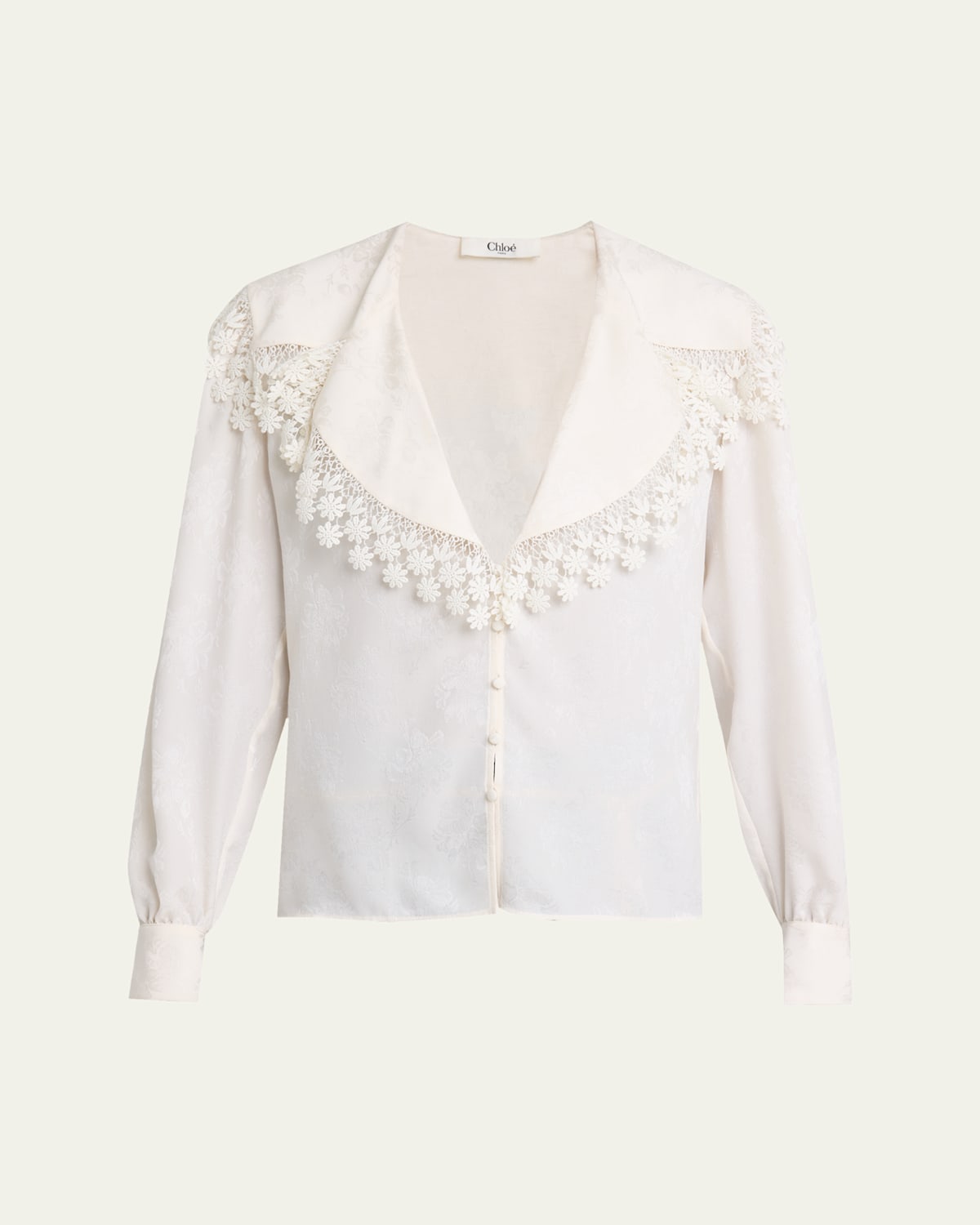Chloé Blouse Col Oversize En Soie Jacquard Et Dentelle In White