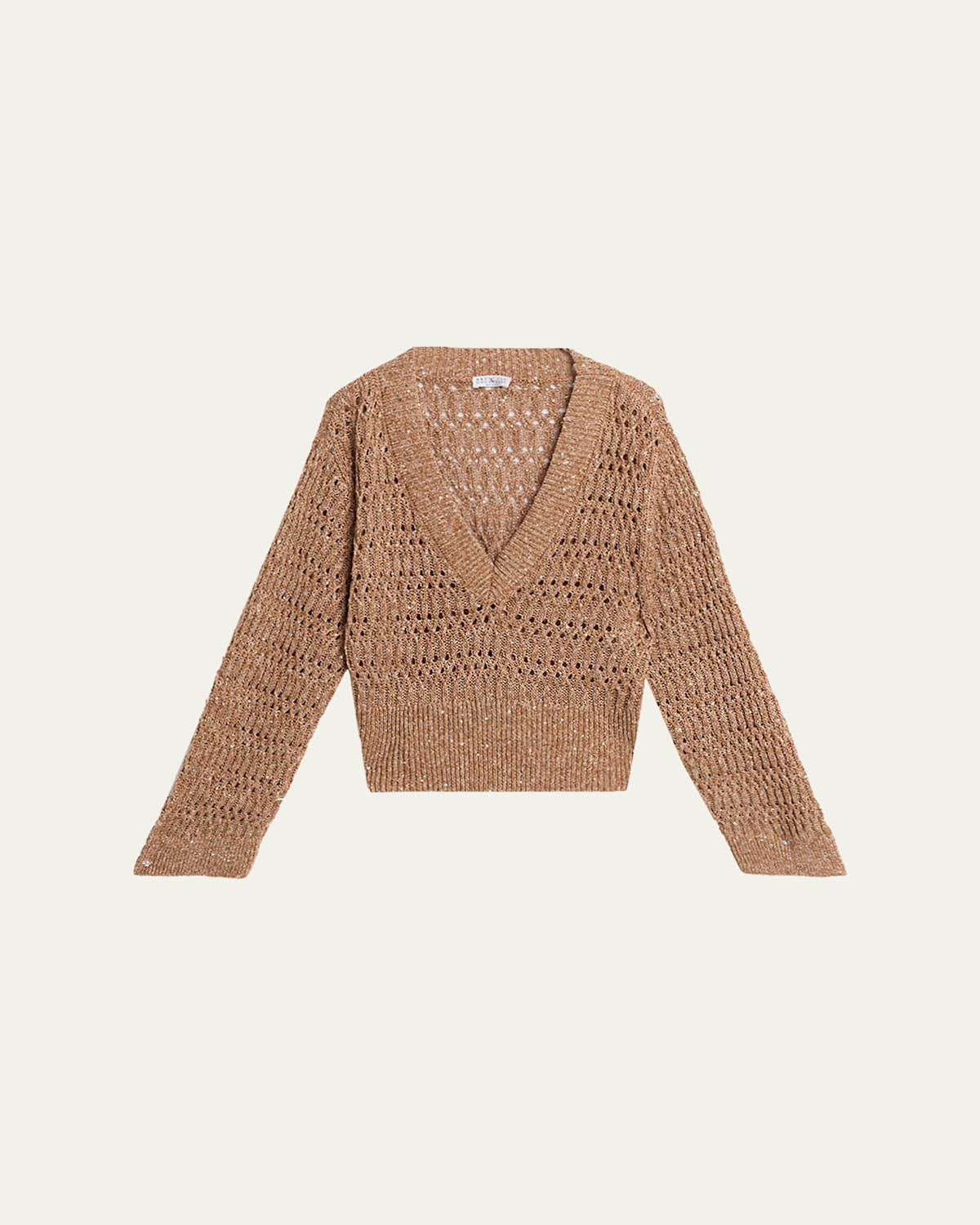 Brunello Cucinelli Openwork Braided Paillette Linen V-neck Sweater In Brown