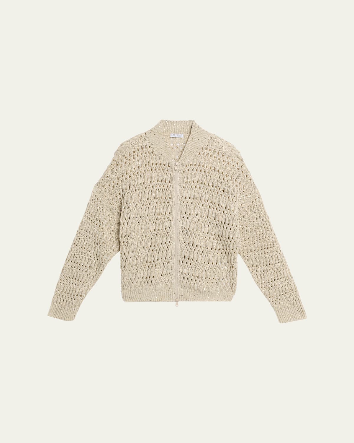 Brunello Cucinelli Paillette Linen Open-knit Zip Cardigan In Sand
