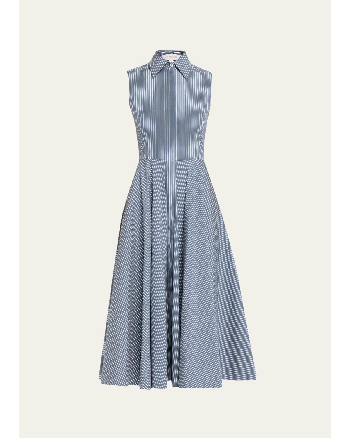 Sleeveless Striped Circle-Cut Midi Shirtdress