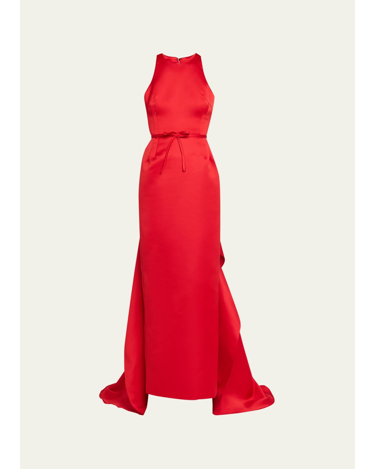 Caroline Satin Halter Column Gown With Detachable Train