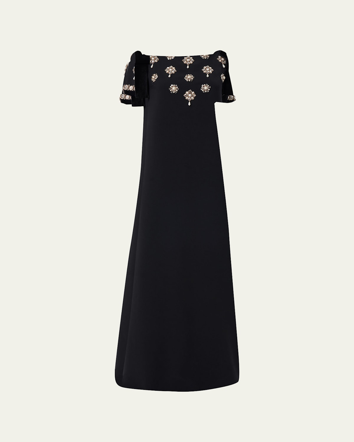 Carolina Herrera Embellished Bow-shoulder Crepe Gown In Black