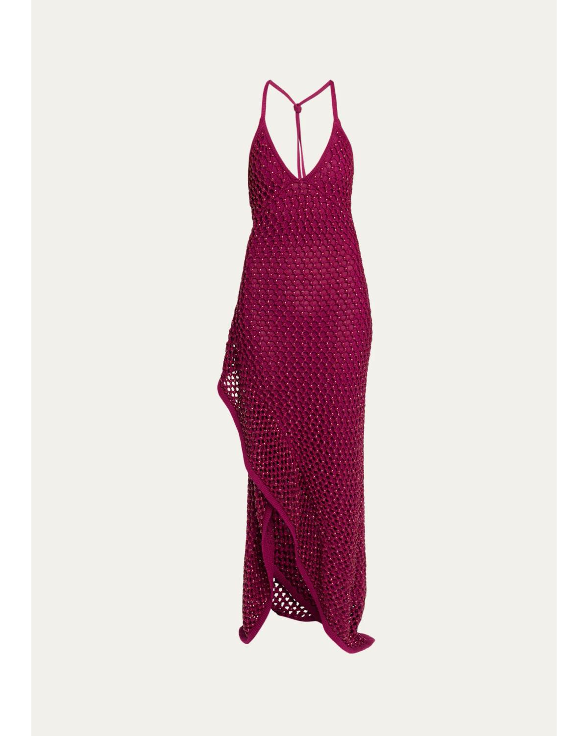 Diotima Riki Crystal Crochet Knit Halter Maxi Dress In Orchid