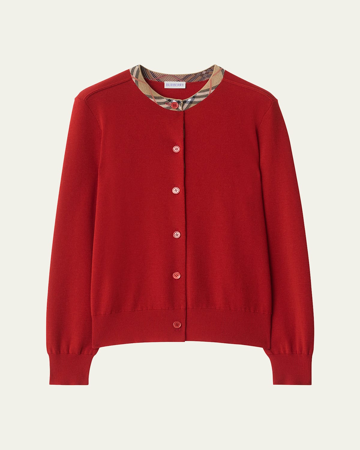 Burberry Margot Check-trim Crewneck Cardigan In Red