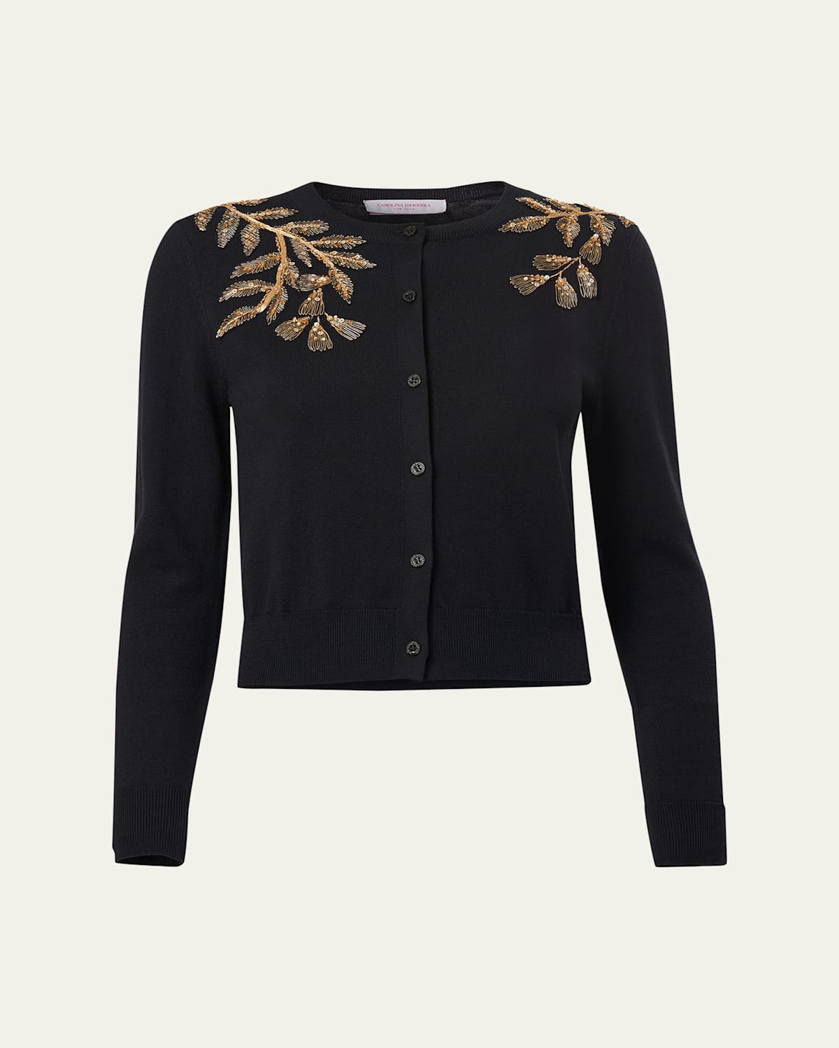 Carolina Herrera Gold Leaf-embroidered Silk Cotton Cardigan In Black