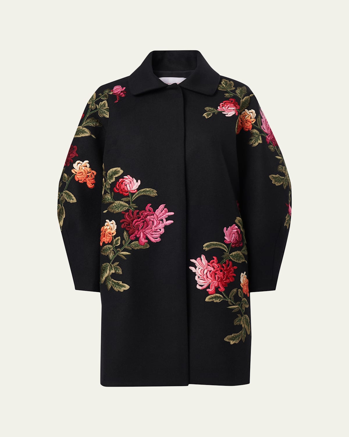 Carolina Herrera Floral-embroidered Wool Cocoon Coat In Black