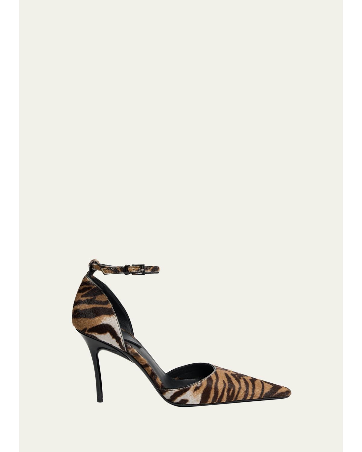 90Mm D'Orsay Tiger Calf Hair Ankle-Strap Pumps