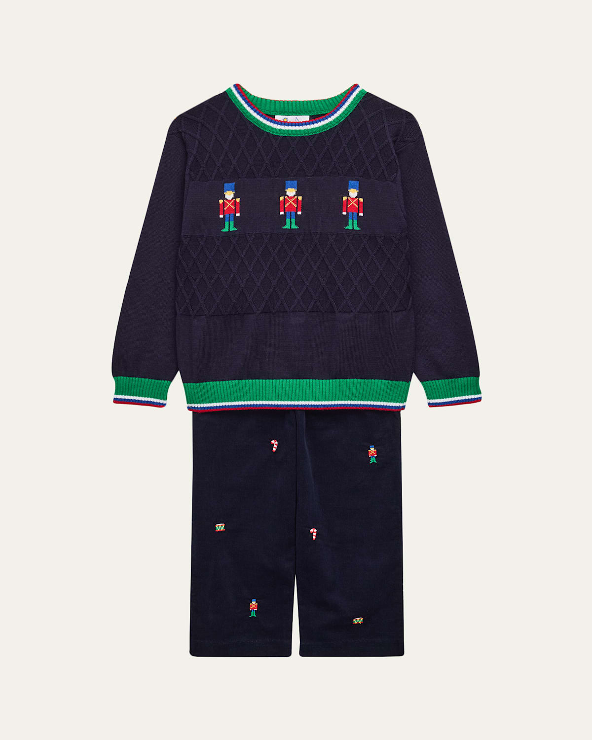 Florence Eiseman Boy's Toy Solider Jacquard Sweater & Corduroy Pants Set In Blue