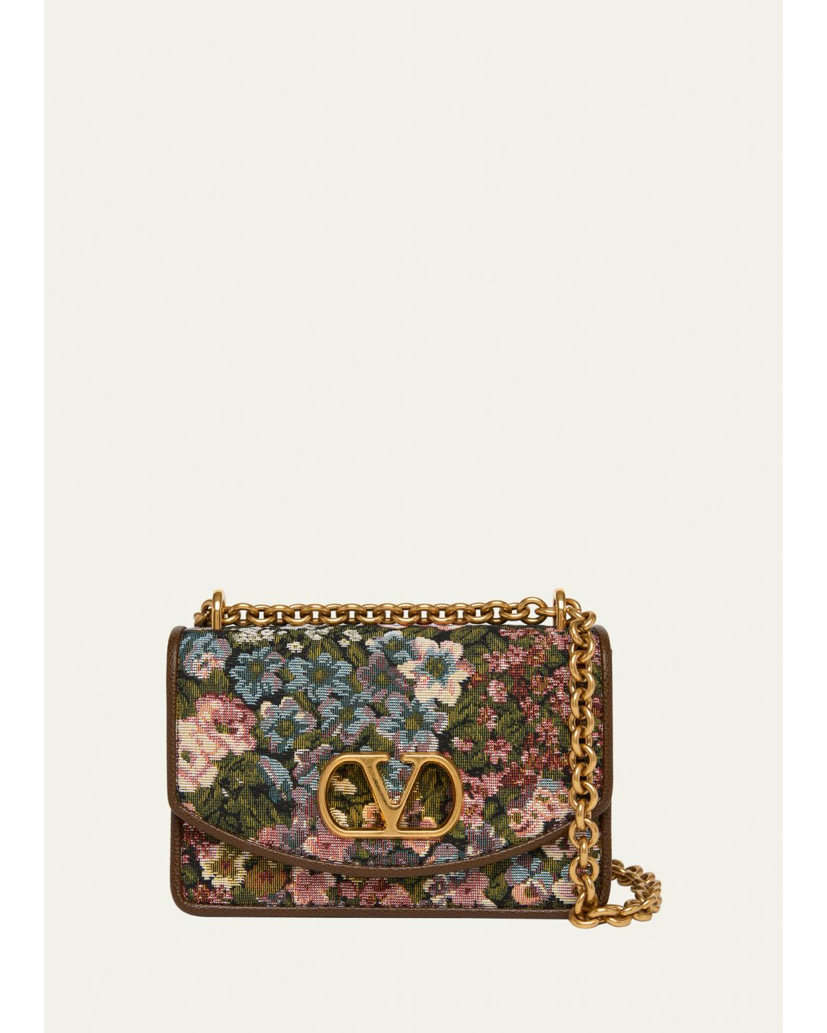 Small Floral Woven Leather-Trim Shoulder Bag
