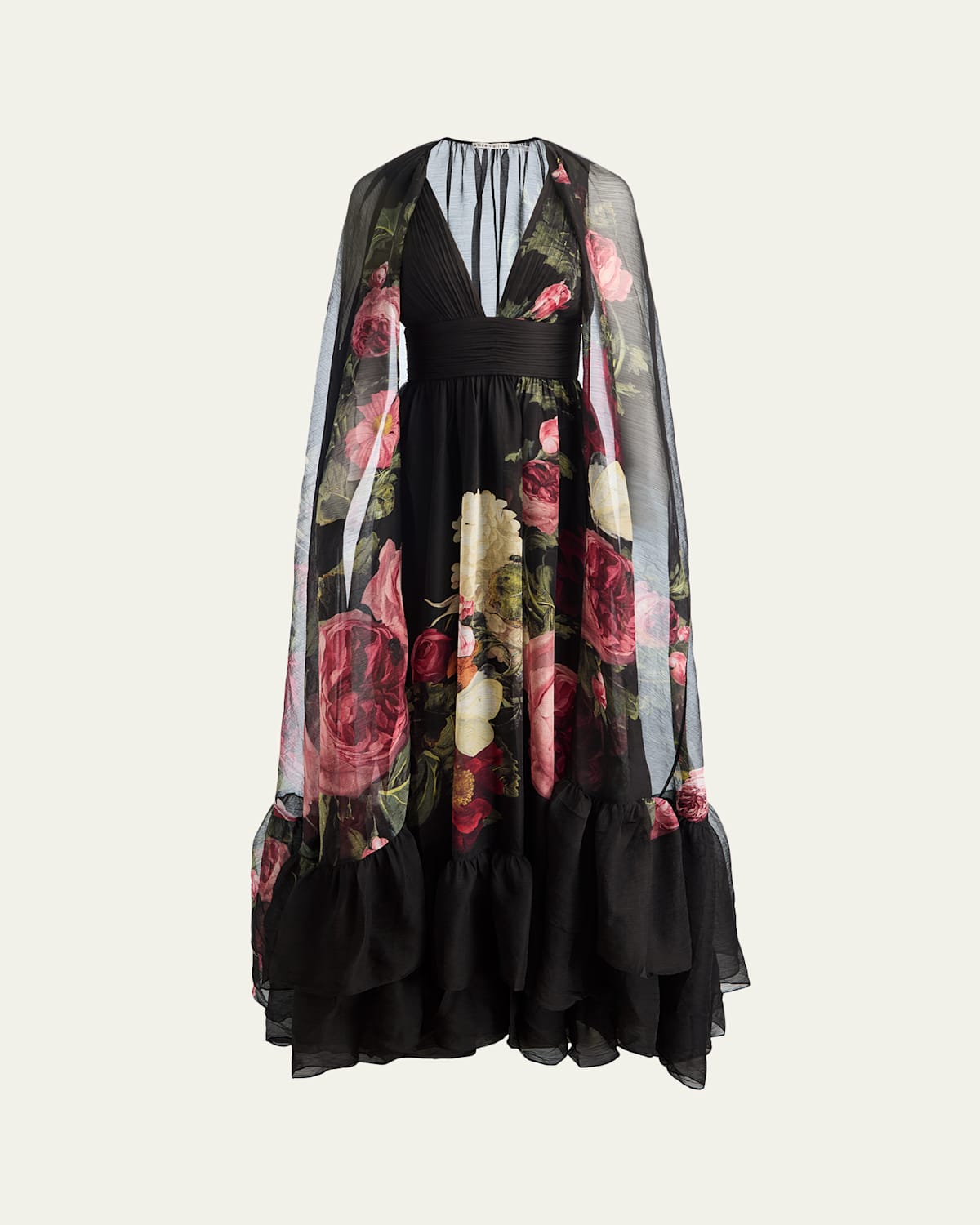Alice And Olivia Roya Floral Chiffon Gown With Detachable Cape In Black