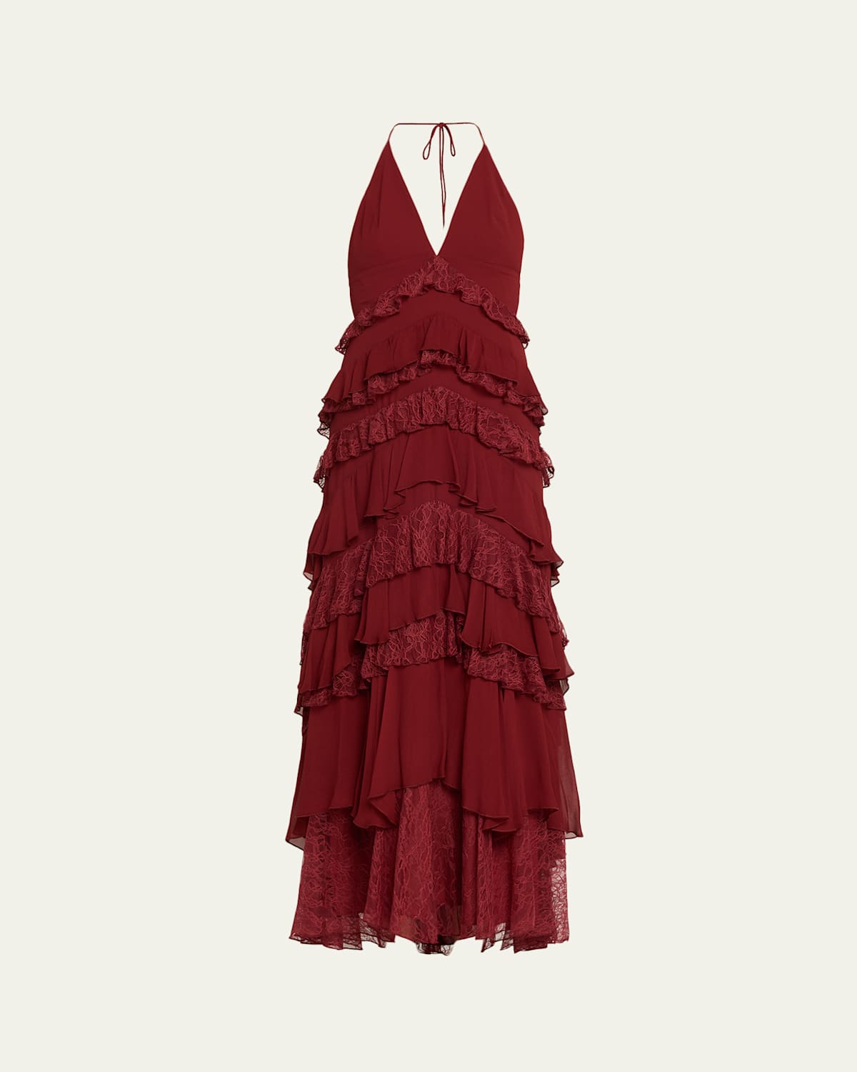 Alice And Olivia Liana V Neck Ruffle Maxi Dress Oxblood In Brown