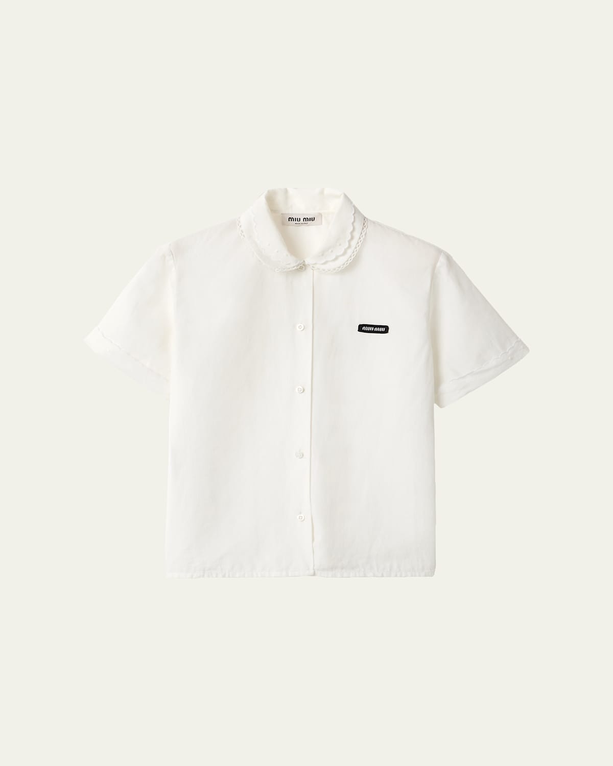 Miu Miu Short Sleeve Cropped Button Down Shirt With Collar In Neutral